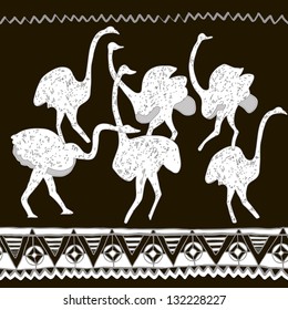 Silhouette of ostriches.Ornamental ethnic elements.