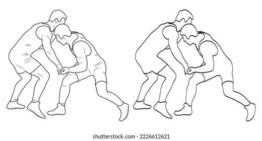 Silhouette outline athletes wrestlers in wrestling, duel, fight. Sketch line drawing greco roman, freestyle, classical wrestling. 