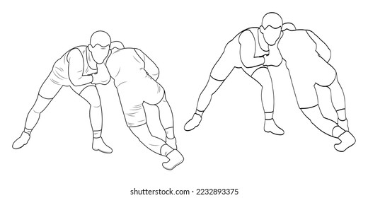 Silhouette outline athletes wrestlers in wrestling, duel, fight. Sketch line drawing greco roman, freestyle, classical wrestling. 