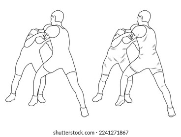 Silhouette outline athletes wrestlers in wrestling, duel, fight. Sketch line drawing greco roman, freestyle, classical wrestling. 