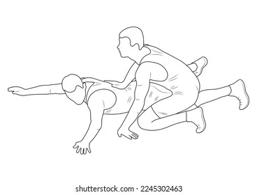 Silhouette outline athletes wrestlers in wrestling, duel, fight. Sketch line drawing greco roman, freestyle, classical wrestling. 