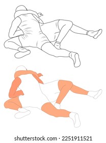 Silhouette outline athletes wrestlers in wrestling, duel, fight. Sketch line drawing greco roman, freestyle, classical wrestling. 