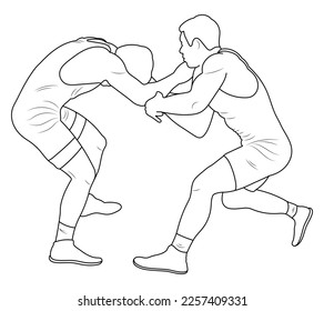 Silhouette outline athletes wrestlers in wrestling, duel, fight. Sketch line drawing greco roman, freestyle, classical wrestling. 