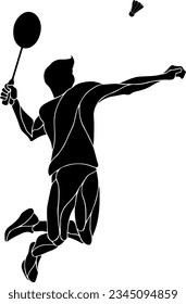 Silhouette outline of a badminton player leap to smash a shuttlecock, isolated against white. Vector illustration.