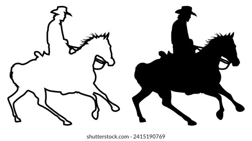 A silhouette and outline of a cowboy on his horse set over a white background