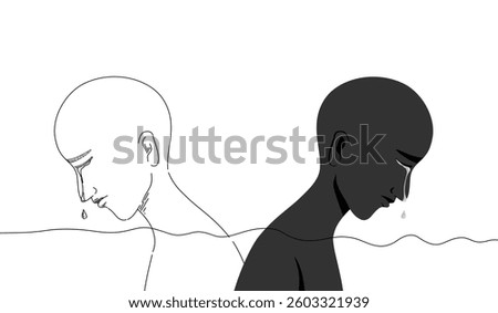 Silhouette and outline drawing of human crying in mental health concept.