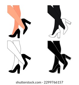 Silhouette outline of female legs in a pose. Shoes stilettos, high heels. Walking, standing, running, jumping, dance