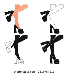 Silhouette outline of female legs in a pose. Shoes stilettos, high heels. Walking, standing, running, jumping, dance