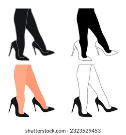 Esquema de silueta de las piernas femeninas en una pose. Estilettos de zapatos, tacones altos. Caminar, pararse, correr, saltar, bailar