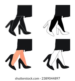 Silhouette outline of female legs in a pose. Shoes stilettos, high heels. Walking, standing, running, jumping, dance