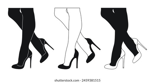 Silhouette outline of female legs in a pose. Shoes stilettos, high heels. Walking, standing, running, jumping, dance