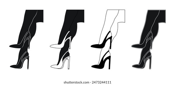 Silhouette outline of female legs in a pose. Shoes stilettos, high heels. Walking, standing, running, jumping, dance