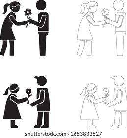 Silhouette and outline icon of a student offering a flower to a teacher, representing love and appreciation during Teachers Day or special school occasions.
