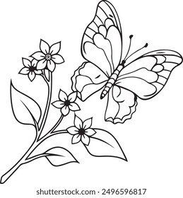 A silhouette outline image of a butterfly and flowers