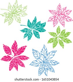 The silhouette, the outline of the leaves. Vector decorative drawing. Red green, blue. Sketch, handmade. For printing, background, decor, textiles. individual element.