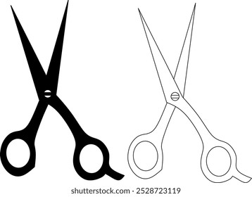 A silhouette outline of scissors depicts their distinct shape, featuring two sharp blades, a central pivot, and handles. It captures the essence of the tool in a bold, minimalist style