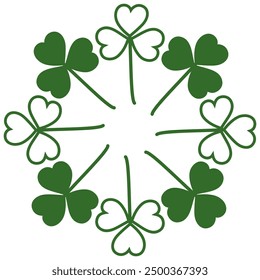 Silhouette and outline shamrocks in shape of circle in trendy green with copy space. Round frame