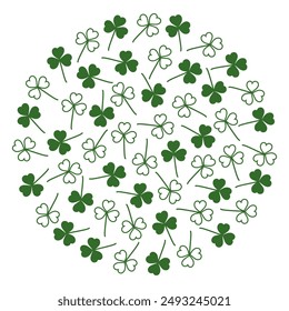 Silhouette and outline shamrocks in trendy green in circle shape. Round monochrome clover backdrop