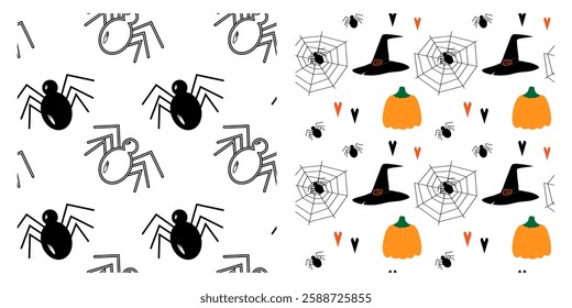 Silhouette and Outline Spiders and Witch Hats, pumpkins, cobweb and hearts Seamless patterns Set 2