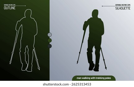 Silhouette and outline vector of a man walking with trekking poles. Minimalist hiking illustration in editable EPS format, ideal for outdoor, adventure, or fitness design themes.