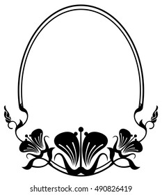 Silhouette oval frame. Abstract black and white ornament with decorative flowers. Copy space. Vector clip art.