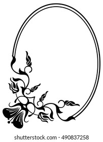Silhouette oval frame. Abstract black and white ornament with decorative flowers. Copy space. Vector clip art.