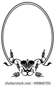 Silhouette oval frame with abstract flower ornament. Design element for banners, labels, greeting cards and wedding invitations. Copy space. Vector template.
