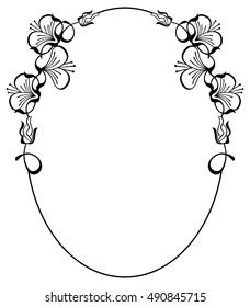 Silhouette oval frame with abstract flower ornament. Design element for banners, labels, greeting cards and wedding invitations. Copy space. Vector template.