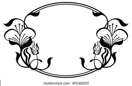Silhouette oval frame with abstract flower ornament. Design element for banners, labels, greeting cards and wedding invitations. Copy space. Vector template.