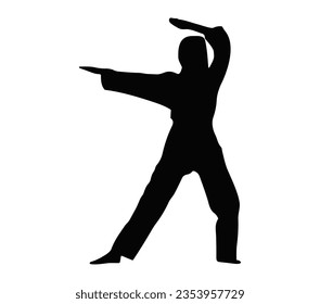 Silhouette over white with clipping path. Full body of woman in martial arts stance.