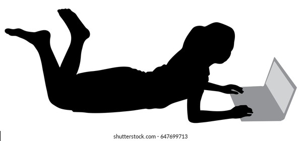 Silhouette over white with clipping path. Woman laying on floor with laptop.
