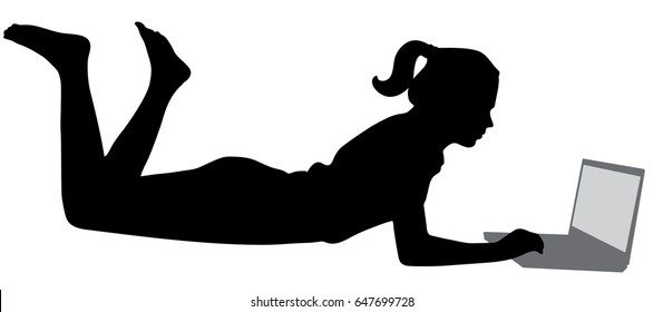 Silhouette over white with clipping path. Woman laying on floor with laptop.