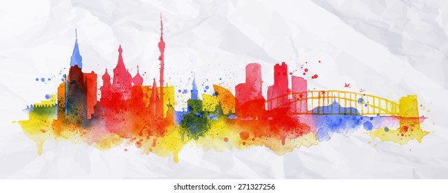 Silhouette overlay city Moscow with splashes of watercolor drops streaks landmarks in red with orange tones