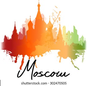 Silhouette overlay city Moscow with splashes of watercolor drops streaks landmarks in red with orange tones