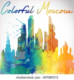 Silhouette overlay city Moscow with splashes of watercolor drops streaks landmarks in red with orange tones