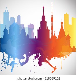 Silhouette overlay city Moscow with splashes of watercolor drops streaks landmarks in red with orange tones