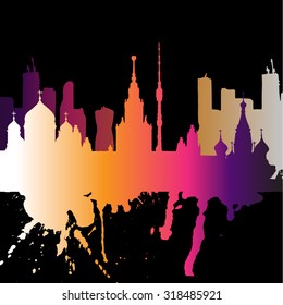 Silhouette overlay city Moscow with splashes of watercolor drops streaks landmarks in red with orange tones