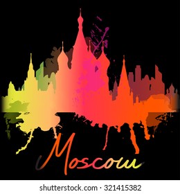 Silhouette overlay city Moscow with splashes of watercolor drops streaks landmarks vector 