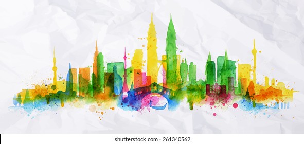 Silhouette overlay city painted with splashes of watercolor drops streaks landmarks with a yellow-green colors