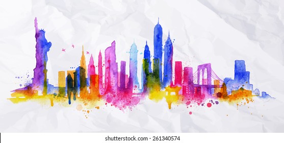 Silhouette overlay city painted with splashes of watercolor drops streaks landmarks with blue violet tones