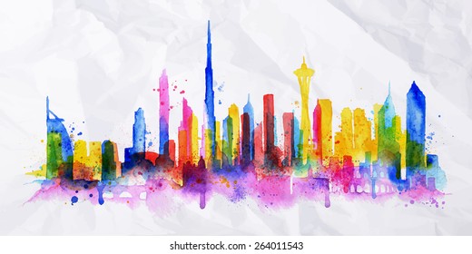 Silhouette overlay city painted with splashes of watercolor drops streaks landmarks in blue with pink