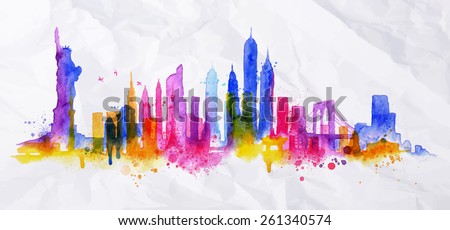 Silhouette overlay city painted with splashes of watercolor drops streaks landmarks with blue violet tones