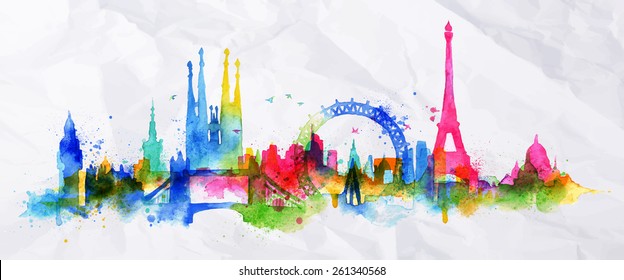 Silhouette overlay city with splashes of watercolor drops streaks landmarks in pink with orange tones