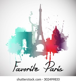 silhouette overlay city with splashes of watercolor drops streaks landmarks in pink with orange tones