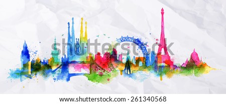 Silhouette overlay city with splashes of watercolor drops streaks landmarks in pink with orange tones