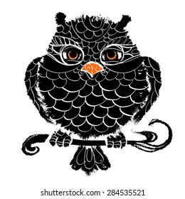 Silhouette Owl on a branch. Grunge paint brush black owl with yellow eyes and beak. Cute stylized night bird, symbol of wisdom,education. Vector illustration.