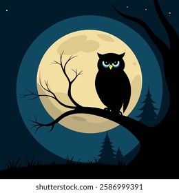 "Silhouette of an owl sitting on a tree branch, glowing moon in the background."