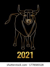 Silhouette of an ox. Symbol of 2021. Gold outline on a black background. Happy New Year greeting card. Vector illustration of a bull