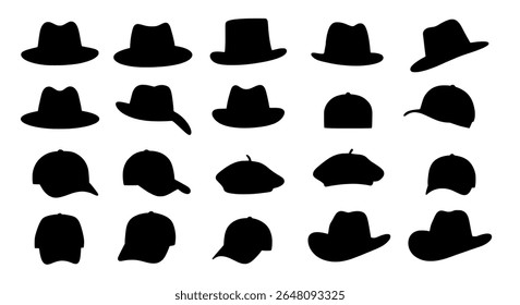 Silhouette pack of brimmed hats and caps in flat graphic style - vector icons or decorative elements for branding, packaging, or layout design