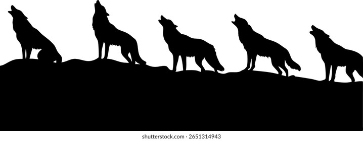 Silhueta de um bando de cinco lobos uivando na lua.